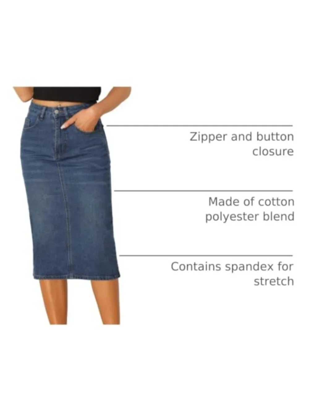 High Waist Midi Denim Skirt Stretchy Jean Skirt with Pockets and Back Split